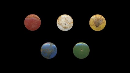 a set of colorful aged circles, rusty stationery tacks, front view, isolated metal push rounded pins on black background