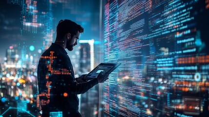 A man analyzes code on a tablet while standing in front of a digital display of data in a city at night