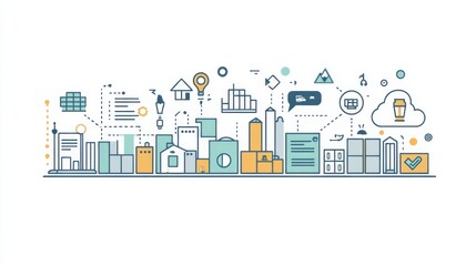 Obraz premium Modern city skyline illustration featuring buildings, clouds, and technology icons in a vibrant design