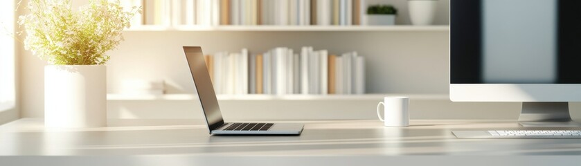 A sleek workspace featuring a laptop, cup, and modern decor, ideal for productivity and inspiration in a tranquil environment.