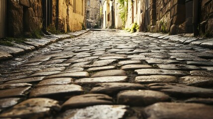 A serene cobblestone street illuminated by soft sunlight in a quaint historic village, perfect for leisurely walks at any time of day