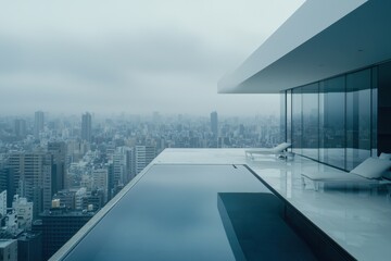 Fototapeta premium Infinity pool on top of skyscraper overlooking modern city skyline