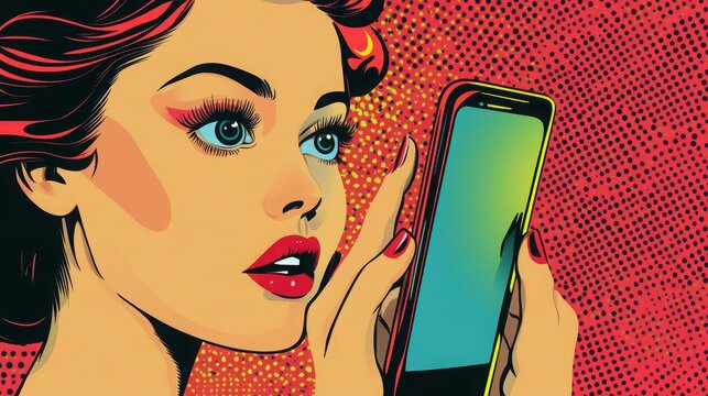 Face id smartphone parasite, woman and Internet addiction. Pop art retro vector vintage illustrations