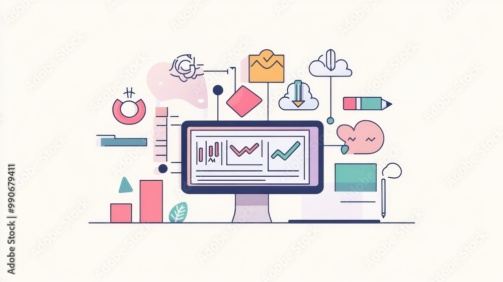Fototapete Vector illustration of data analysis with a computer displaying graphs and various icons representing analytics and communication tools
