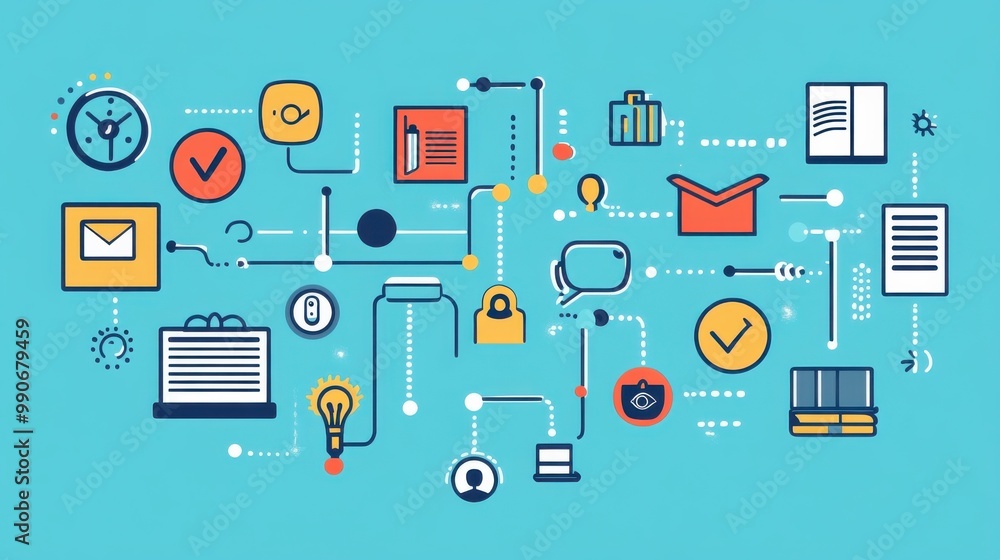 Poster an abstract illustration of digital communication, technology, and data management concepts on a lig