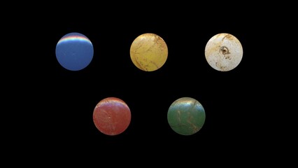 a set of colorful aged circles, rusty stationery tacks, front view, isolated metal push rounded pins on black background