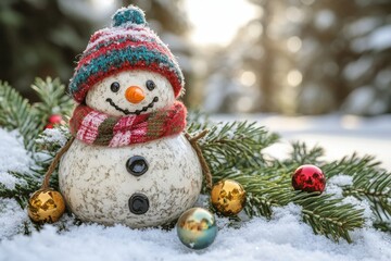 Cheerful Snowman With Knitted Hat and Scarf Amidst Snowy Pine Branches with Ornaments and Copy Space