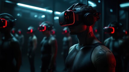 Naklejka premium A group of individuals wearing virtual reality headsets in a dimly lit room, creating an immersive digital experience highlighted by red accents and futuristic tones.