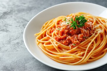 Homemade spaghetti with tomato sauce and ground pork on a white plate against a gray concrete backdrop