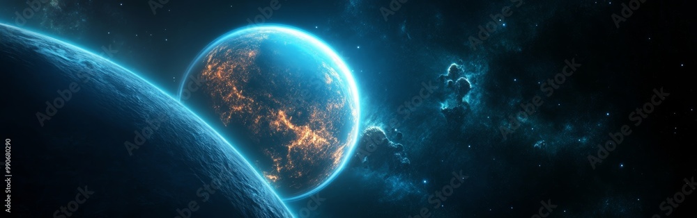 Poster vibrant blue planet illuminated against the dark cosmic backdrop of distant stars and nebulae in an 