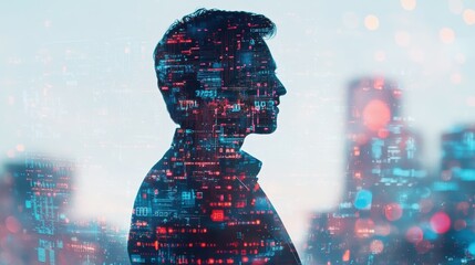 A person standing in profile with a digital cityscape overlay at dusk, exploring the intersection of technology and humanity