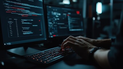 An individual engrossed in coding at their desk, surrounded by computer screens displaying code, depicting a dimly lit environment of focus and modern technological innovation.