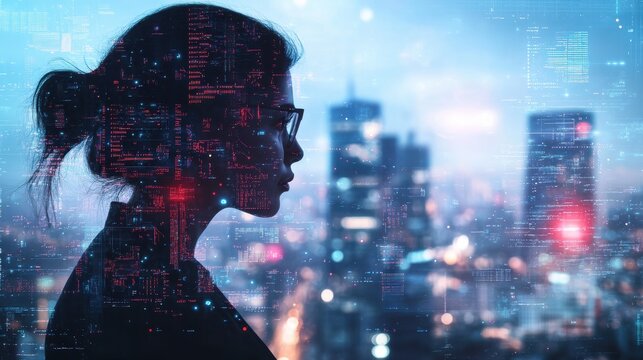 Silhouette of a woman in glasses contemplating a cityscape with digital overlay at dusk