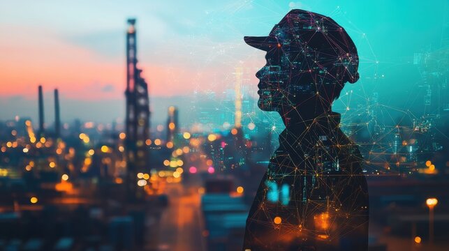 A silhouette of a worker overlooks an industrial city skyline at sunset, with digital elements symbolizing technology integration