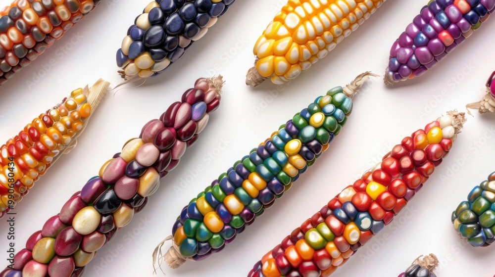 Poster A row of colorful corn cobs are displayed on a white background