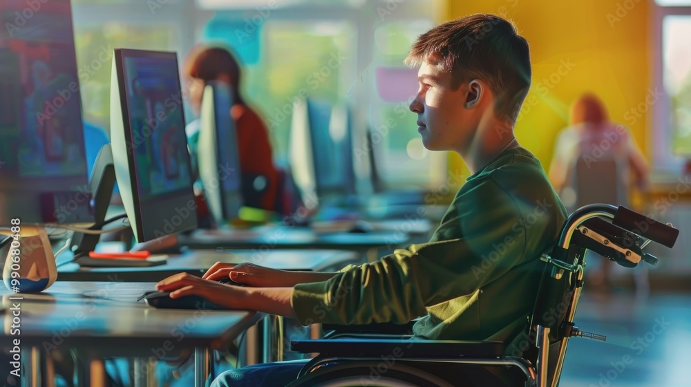 Poster a boy in a wheelchair is sitting at a desk in front of a computer