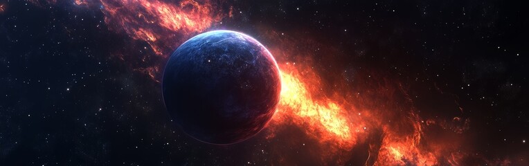 Obraz premium Vibrant cosmic landscape showcasing a fiery celestial body near a blue planet in deep space