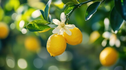 Fresh lemons and blossoms hanging on a tree branch in a sunny orchard during late spring