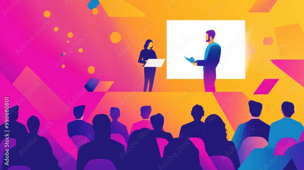 Poster a vibrant presentation in a colorful auditorium featuring a speaker and an audience engaged in a liv