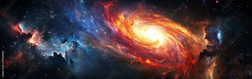 Poster a breathtaking view of a colorful spiral galaxy surrounded by cosmic clouds and stars in the vast un