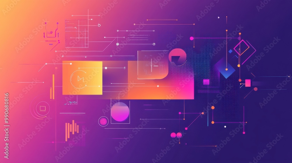 Poster colorful abstract design with geometric shapes and tech-inspired patterns on a gradient background