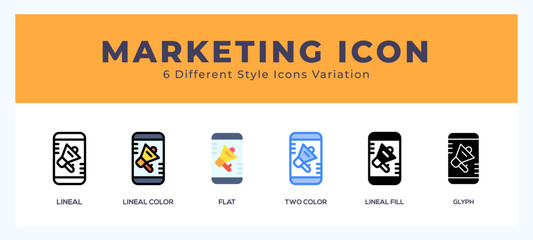 Marketing icon set. outline. glyph black. flat color and filled line color