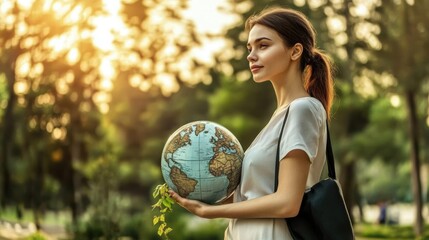 Naklejka premium A young woman stands in a serene park during sunset, holding a globe, symbolizing global awareness, environmental responsibility, and a connection with nature.