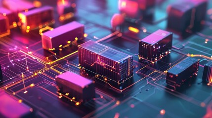A vibrant digital representation of shipping containers on circuit board, showcasing the future of logistics and technology integration