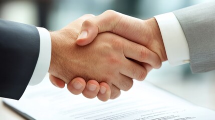 Obraz premium Two professionals shake hands to seal a business deal in a modern office setting during the day