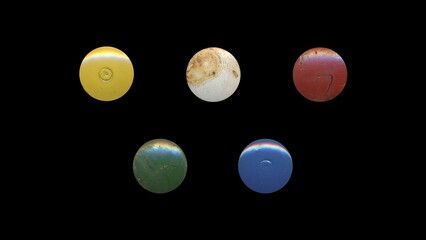 a set of colorful aged circles, rusty stationery tacks, front view, isolated metal push rounded pins on black background