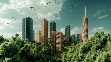 Obraz premium A futuristic city skyline with eco-friendly skyscrapers integrated with nature, featuring lush greenery and birds flying overhead.