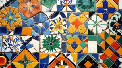 Fototapeta premium Colorful tiled mosaic featuring various geometric patterns and floral designs on a decorative wall in a vibrant area