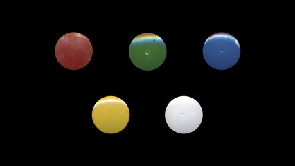 a set of colorful clear circles, empty stationery tacks, front view, isolated metal push rounded pins on black background