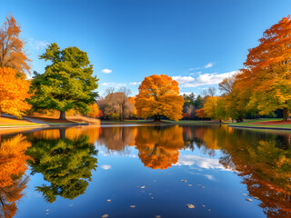 Small lake surrounded by forest with colorful plants at autumn blue cloudy sky and sunny day. Beautiful reflections. Beautiful colored trees with lake in autumn, landscape photography. AI generated