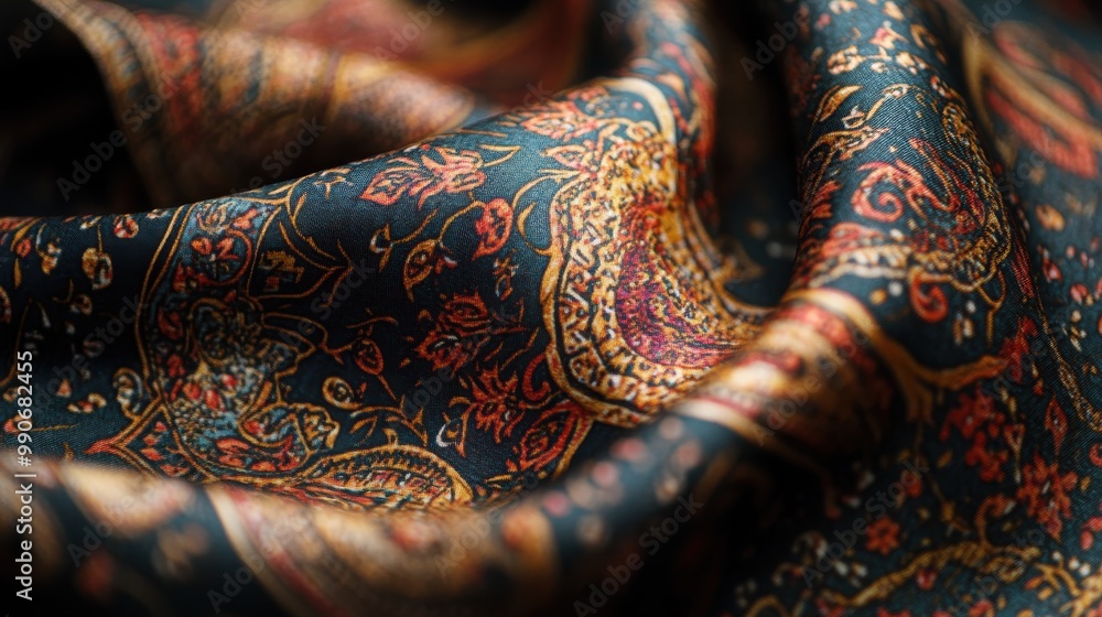 Poster intricate fabric with vibrant patterns displayed in soft light, showcasing textile craftsmanship and