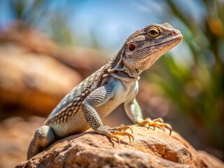 Fototapeta premium A tiny gem, the sagebrush lizard perches on a rocky outcropping, its vibrant green and brown skin glowing
