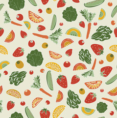 healthy hand drawn vegetables on beige background seamless pattern