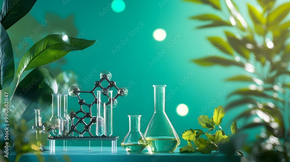 Poster glass flasks and test tubes with a molecular structure model in a green foliage setting