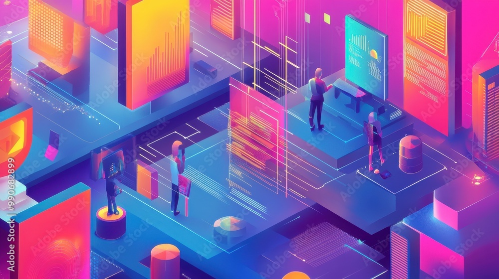 Poster digital landscape showcasing futuristic technology interactions and data visualizations in a vibrant