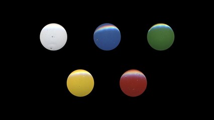 a set of colorful clear circles, empty stationery tacks, front view, isolated metal push rounded pins on black background