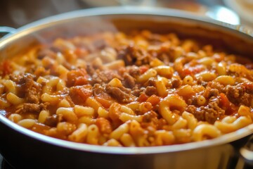 Pasta with tomato sauce and ground pork American chop suey American goulash