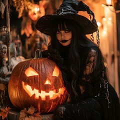 9. A person in a witch costume posing with a large jack-o'-lantern in a festive Halloween setting.