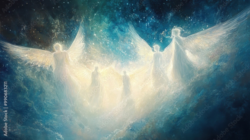 Poster ethereal beings with glowing wings gather in a celestial atmosphere filled with vibrant hues and mys