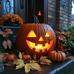 Obraz premium 1. A carved jack-o'-lantern with a glowing candle inside, set on a porch decorated with autumn leaves and Halloween props.