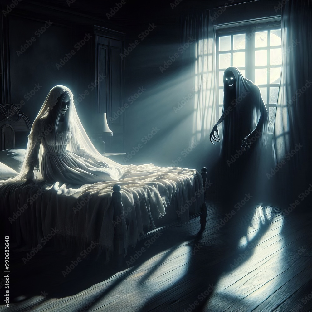 Poster a ghostly bride in white sits on the edge of a bed as a hooded figure looms from the shadows. moonli