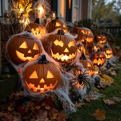 Obraz premium 3. Halloween decorations featuring multiple jack-o'-lanterns, cobwebs, and fake spiders displayed on a front lawn.