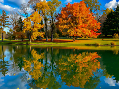 Small lake surrounded by forest with colorful plants at autumn blue cloudy sky and sunny day. Beautiful reflections. Beautiful colored trees with lake in autumn, landscape photography. AI generated	
