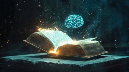 Illuminated book with a neon brain floating above pages.