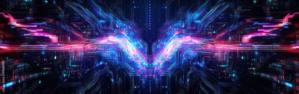 Poster vibrant abstract background depicting a fusion of colorful digital patterns and intricate designs in