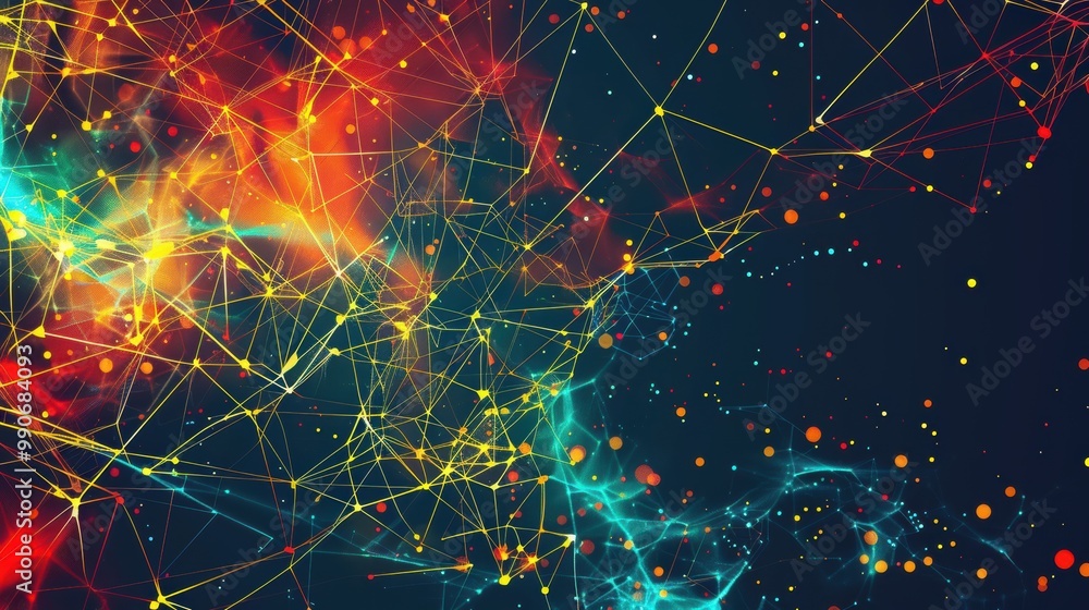 Poster abstract representation of a vibrant digital network showcasing interconnected nodes and dynamic col